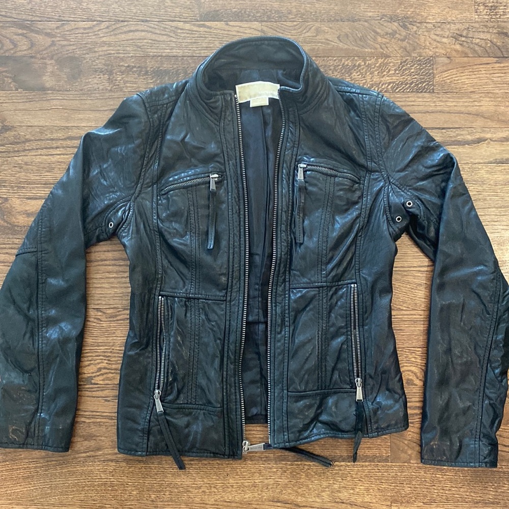 Michael Kors genuine leather black bomber jacket size small